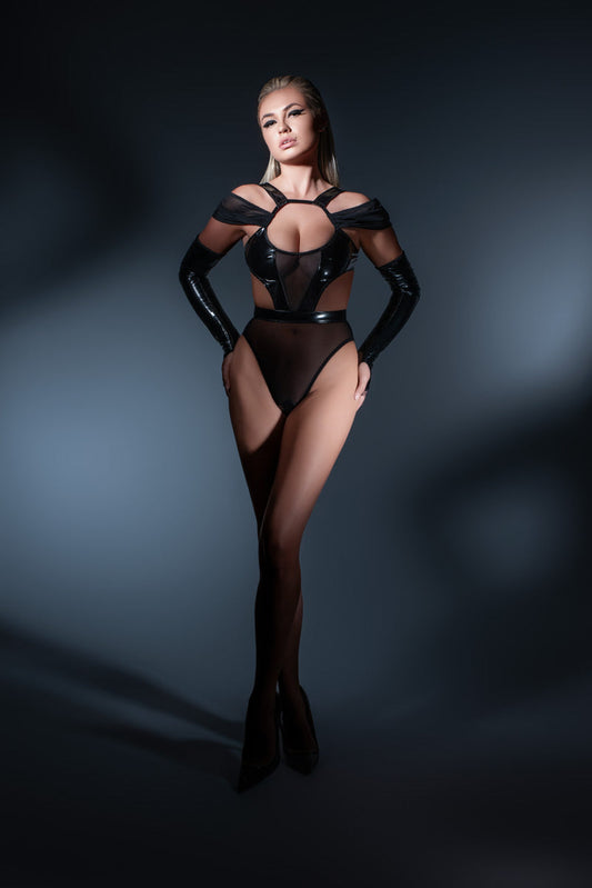 Latex-Look Vinyl & Mesh Drop Shoulder Bodysuit