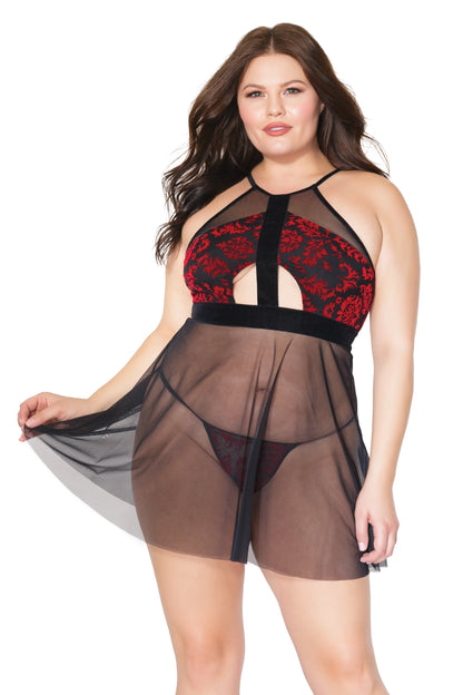 Coquette 20308  Velvet Halter Babydoll With Cut Outs