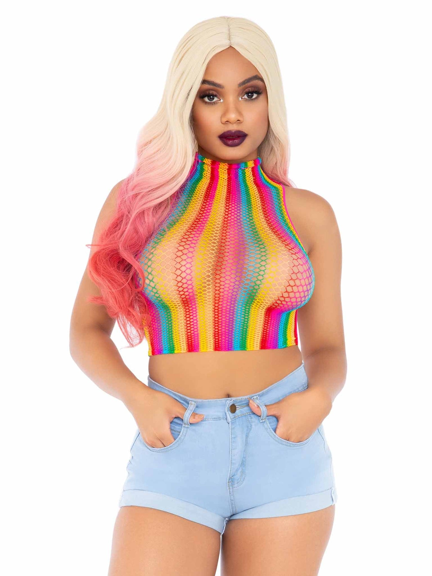Leg Avenue High Voltage Rainbow Fishnet Crop Top