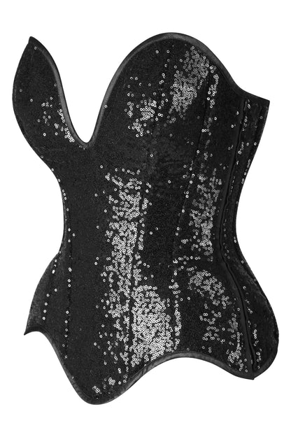Daisy Steel Boned Black Sequin Plunge Neckline Overbust Corset
