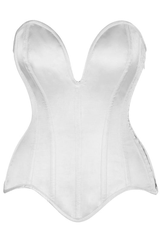 Daisy Steel Boned White Satin Plunge Neckline Overbust Corset