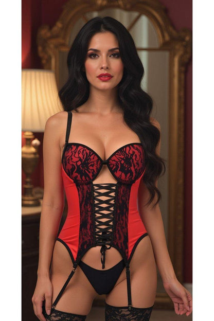 Daisy Corset Red/Black Lycra & Lace Hook & Eye Lace-Up Bustier Corset w/Garters