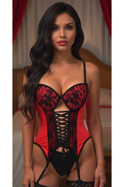 Daisy Corset Red/Black Lycra & Lace Hook & Eye Lace-Up Bustier Corset w/Garters