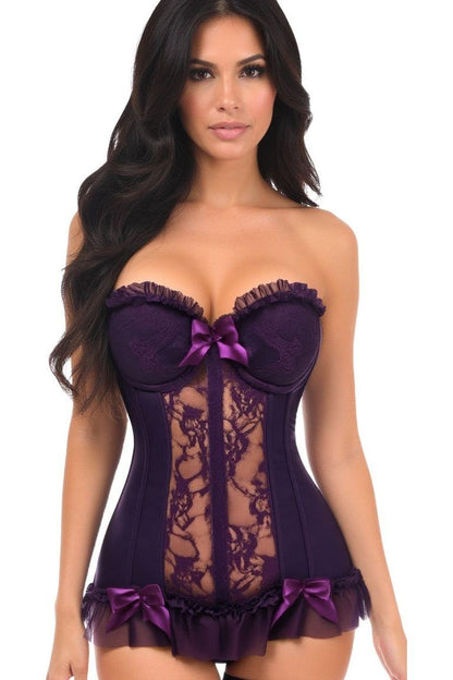 Daisy Corset Plum Lycra & Lace Hook & Eye Stretch Bustier Corset