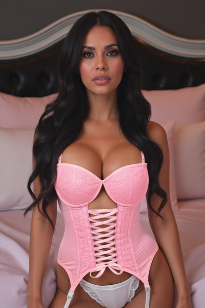 Daisy Lt Pink Lycra & Lace Hook & Eye Lace-Up Bustier Corset w/Garters