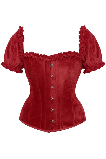 Daisy TD-057 Steel Boned Dark Red Velvet Overbust Corset w/Sleeves