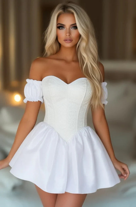 Daisy Corset Steel Boned White Brocade & Taffeta Corset Dress