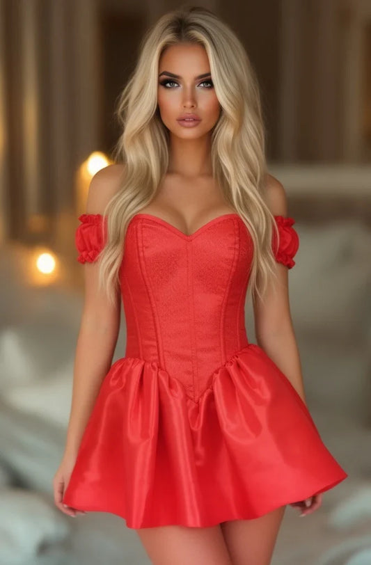 Daisy Corset Steel Boned Red Brocade & Taffeta Corset Dress