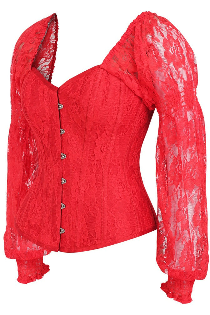 Daisy TD-077 Red w/Red Lace Steel Boned Long Sleeve Corset