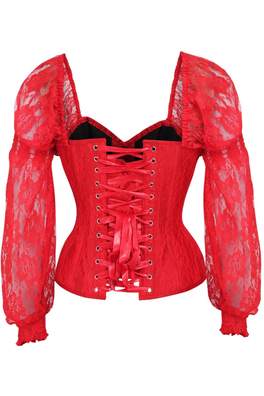 Daisy TD-077 Red w/Red Lace Steel Boned Long Sleeve Corset