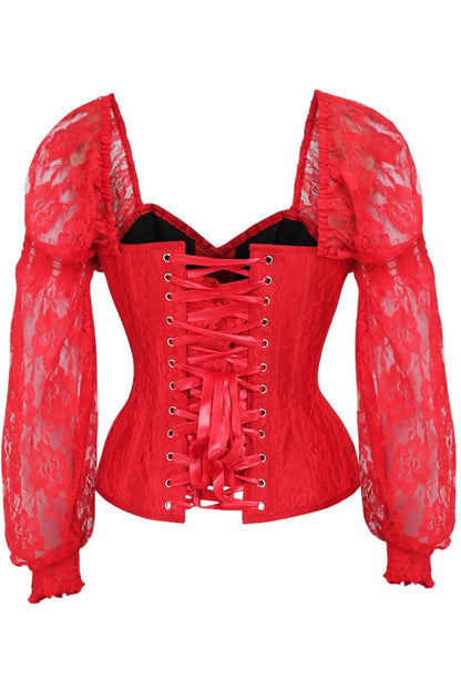 Daisy TD-077 Red w/Red Lace Steel Boned Long Sleeve Corset