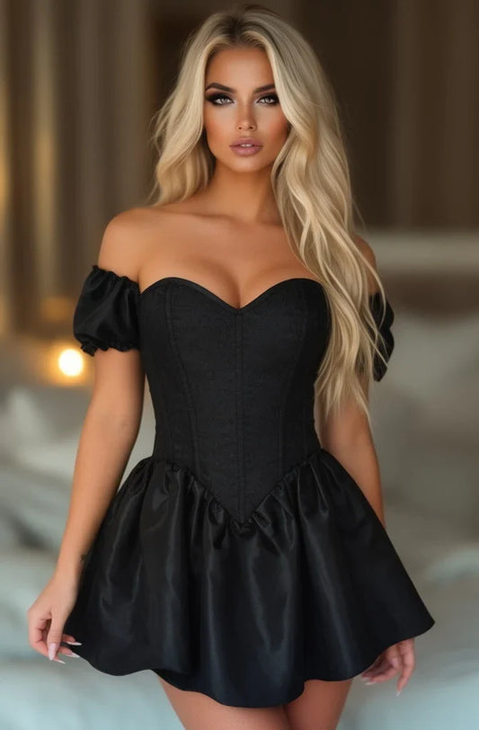Daisy Corset Steel Boned Black Brocade & Taffeta Corset Dress