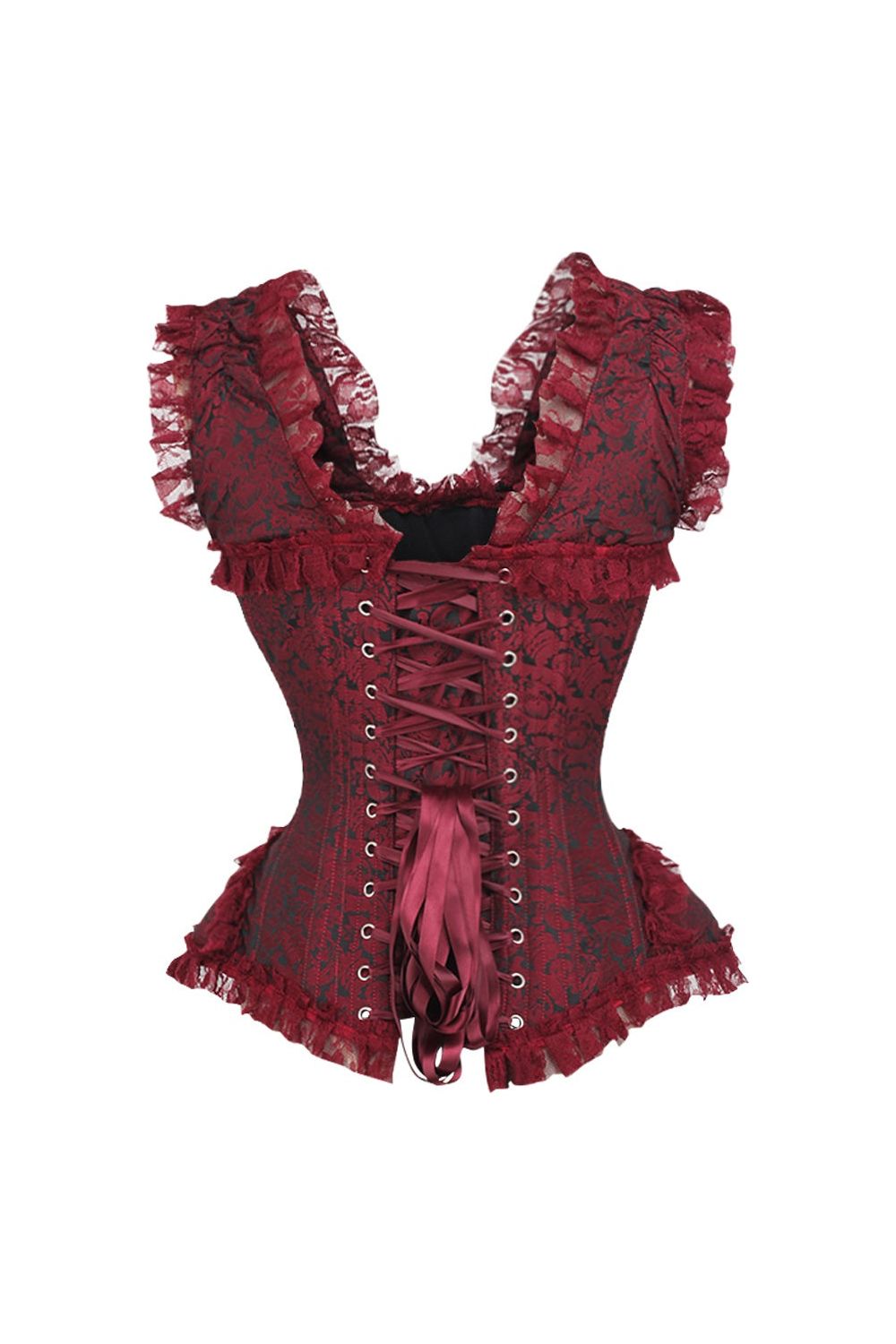 Daisy TD-123 Red/Black Brocade & Lace Steel Boned Corset w/Cap Sleeves
