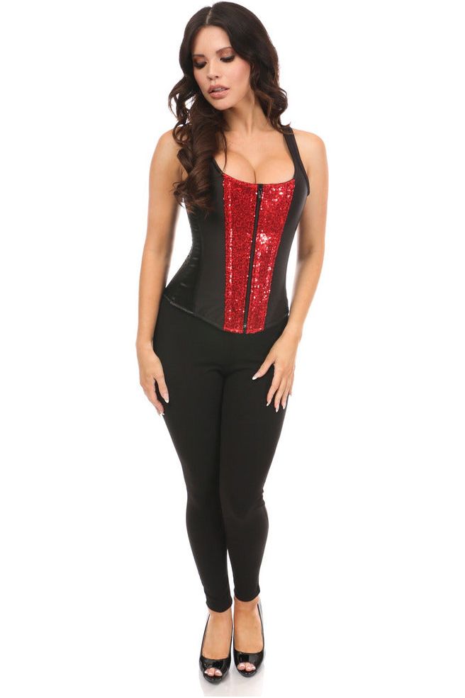 Daisy TD-1703 Black Satin & Red Sequin Steel Boned Corset w/Straps