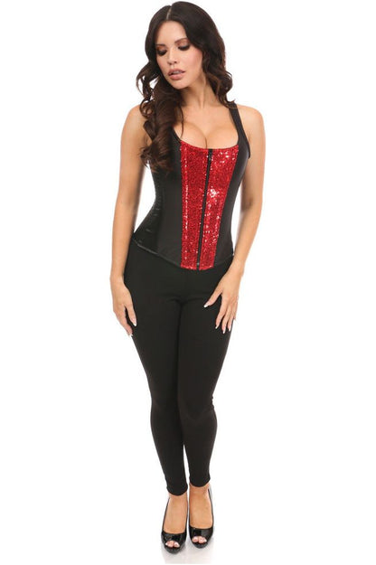 Daisy TD-1703 Black Satin & Red Sequin Steel Boned Corset w/Straps