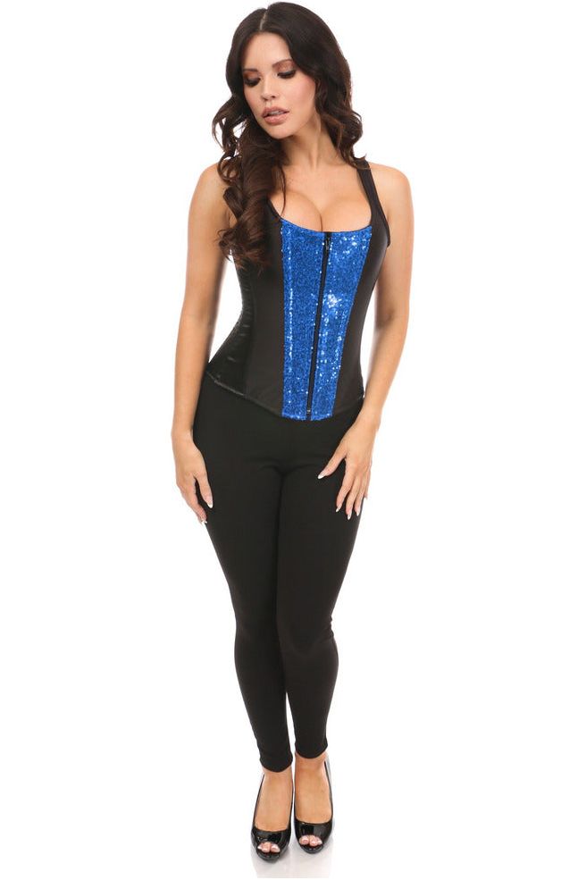Daisy TD-1716 Black Satin & Blue Sequin Steel Boned Corset w/Straps