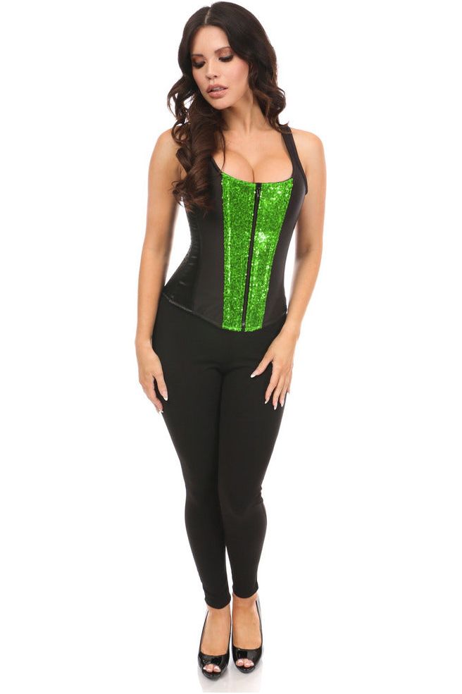 Daisy TD-1717 Black Satin & Green Sequin Steel Boned Corset w/Straps