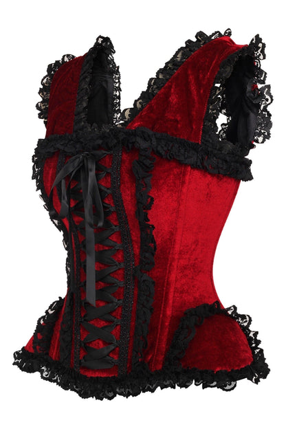 Daisy TD-183 Dark Red Velvet & Lace Steel Boned Corset w/Cap Sleeves