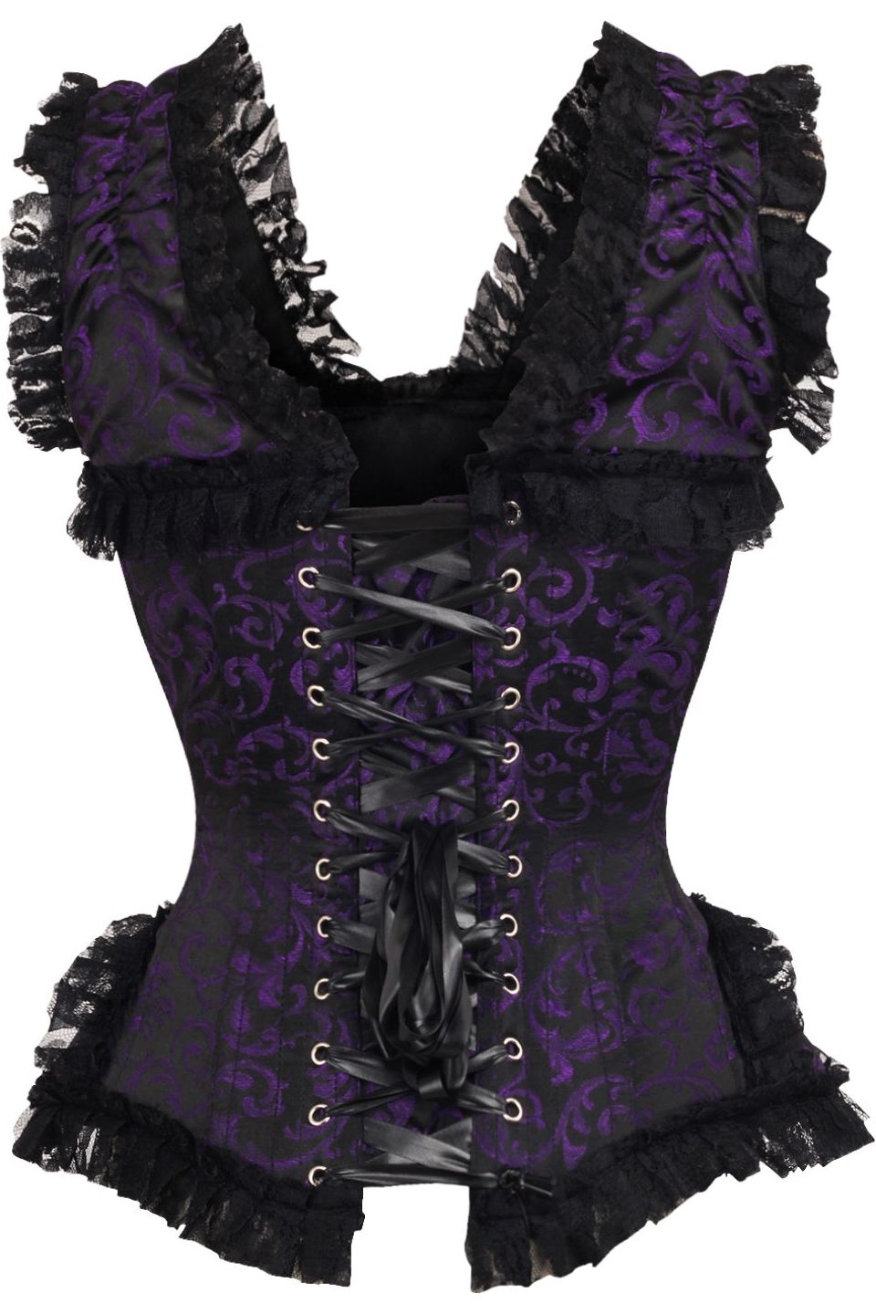 Daisy TD-194 Purple/Black Swirl Brocade & Lace Steel Boned Corset w/Cap Sleeves