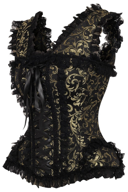 Daisy TD-210 Gold/Black Swirl Brocade & Lace Steel Boned Corset w/Cap Sleeves