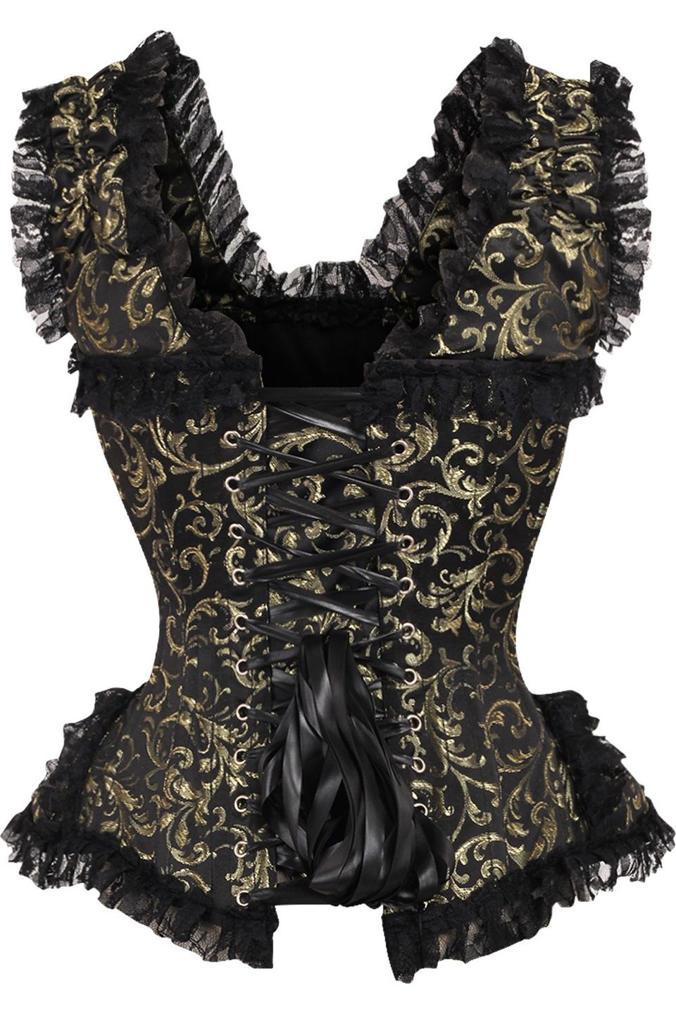 Daisy TD-210 Gold/Black Swirl Brocade & Lace Steel Boned Corset w/Cap Sleeves