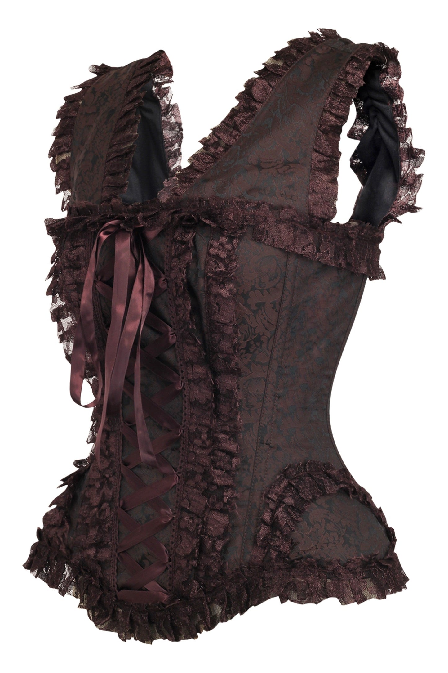 Daisy TD-211 Brown Swirl Brocade & Lace Steel Boned Corset w/Cap Sleeves