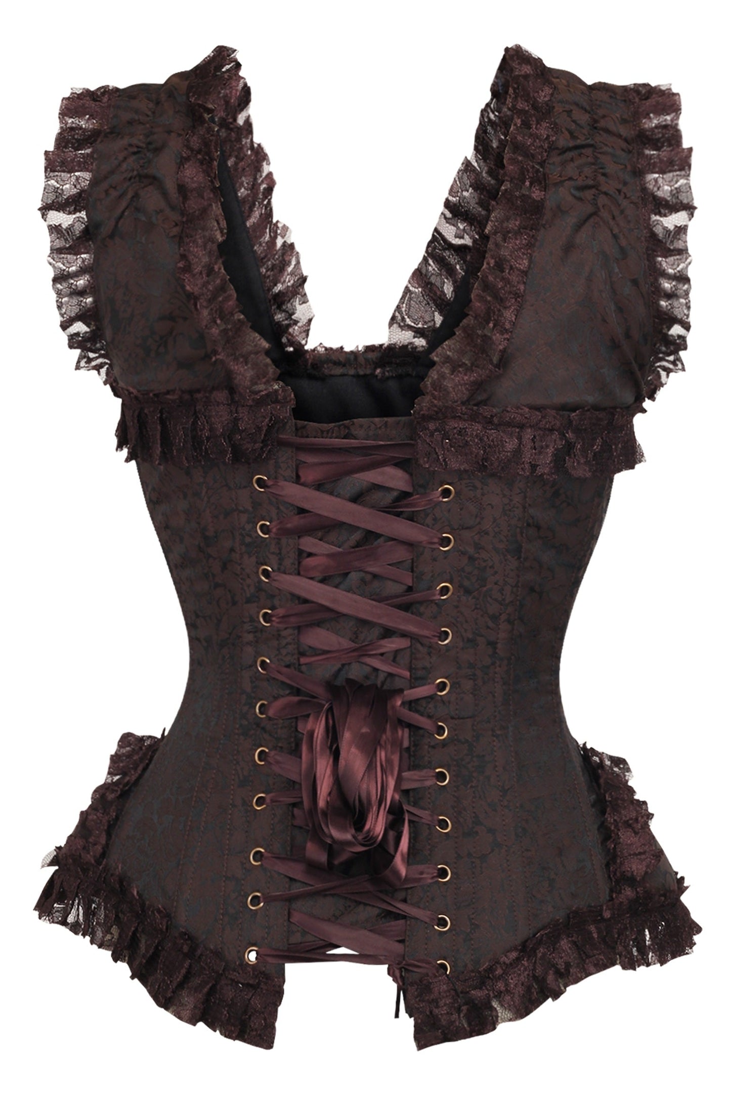 Daisy TD-211 Brown Swirl Brocade & Lace Steel Boned Corset w/Cap Sleeves