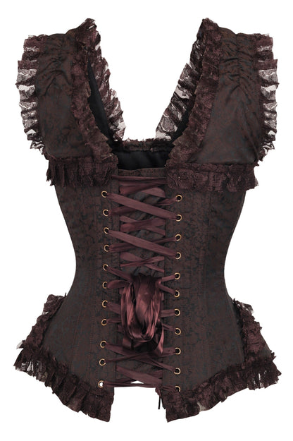 Daisy TD-211 Brown Swirl Brocade & Lace Steel Boned Corset w/Cap Sleeves