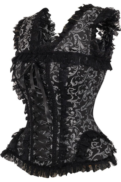Daisy TD-212 Silver/Black Swirl Brocade & Lace Steel Boned Corset w/Cap Sleeves