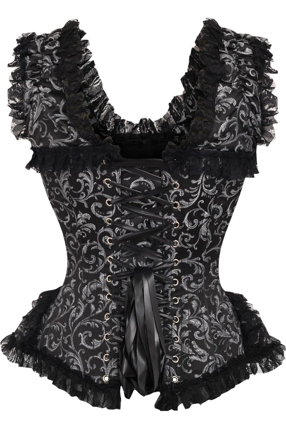 Daisy TD-212 Silver/Black Swirl Brocade & Lace Steel Boned Corset w/Cap Sleeves