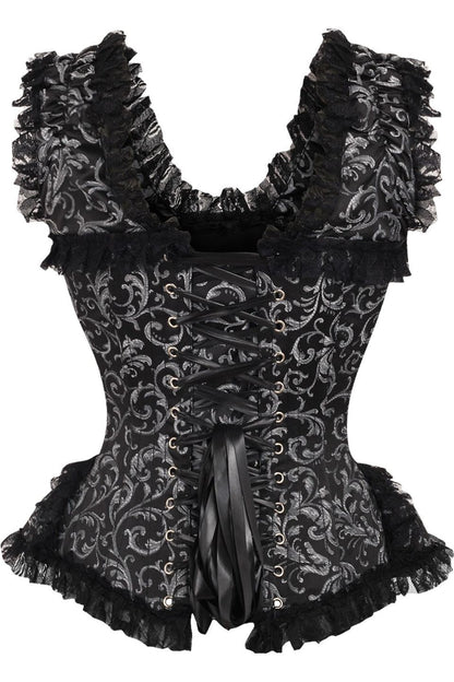 Daisy TD-212 Silver/Black Swirl Brocade & Lace Steel Boned Corset w/Cap Sleeves
