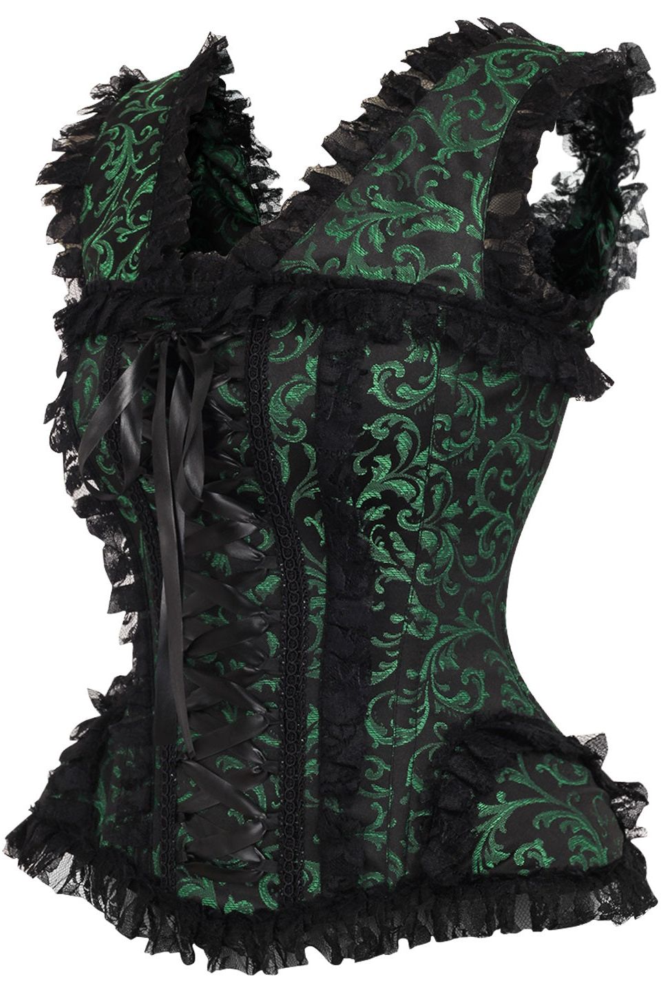Daisy TD-213 Green/Black Swirl Brocade & Lace Steel Boned Corset w/Cap Sleeves