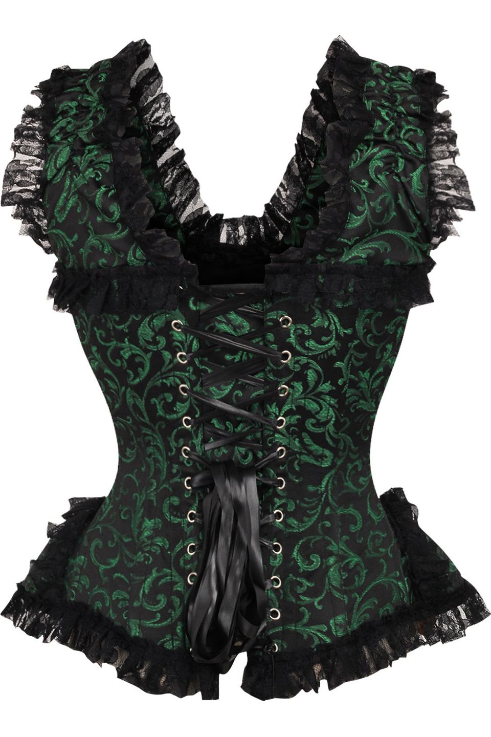 Daisy TD-213 Green/Black Swirl Brocade & Lace Steel Boned Corset w/Cap Sleeves