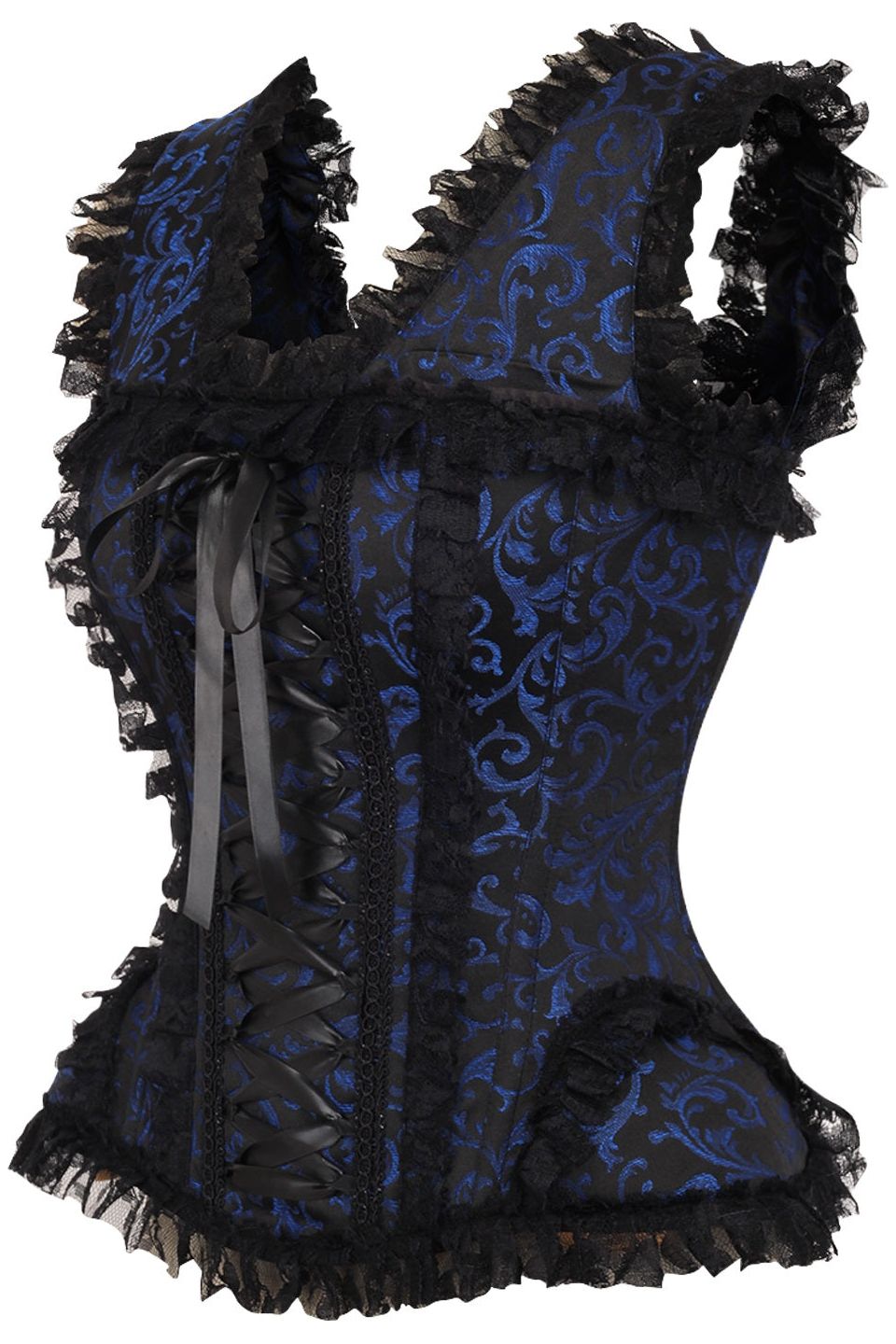 Daisy TD-217 Blue/Black Swirl Brocade & Lace Steel Boned Corset w/Cap Sleeves
