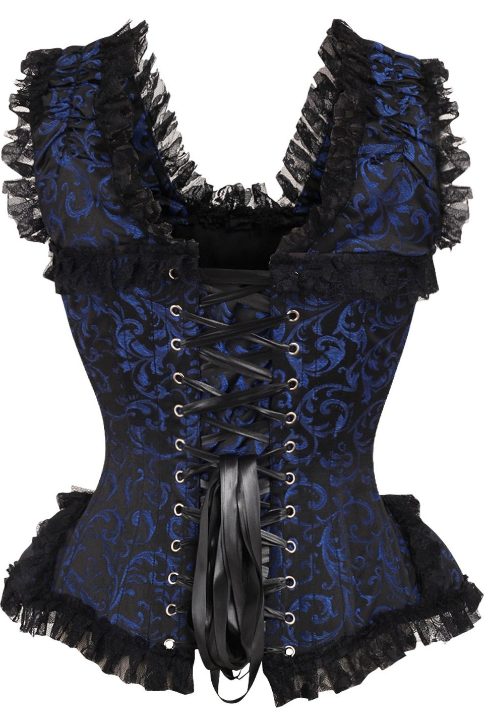 Daisy TD-217 Blue/Black Swirl Brocade & Lace Steel Boned Corset w/Cap Sleeves