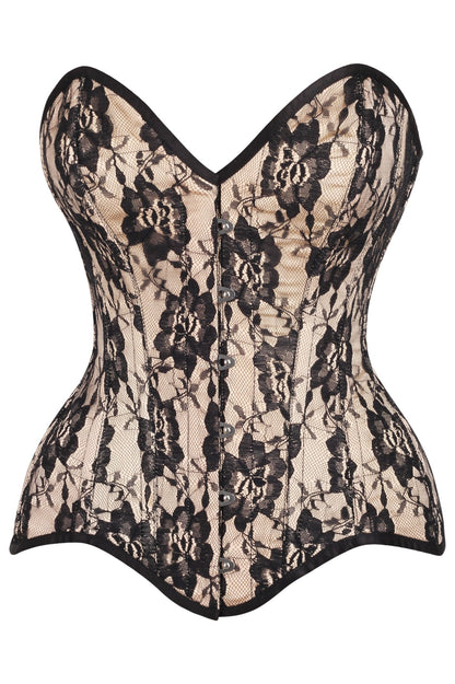Daisy TD-230 Nude Satin w/Black Lace Overlay Steel Boned Overbust Corset