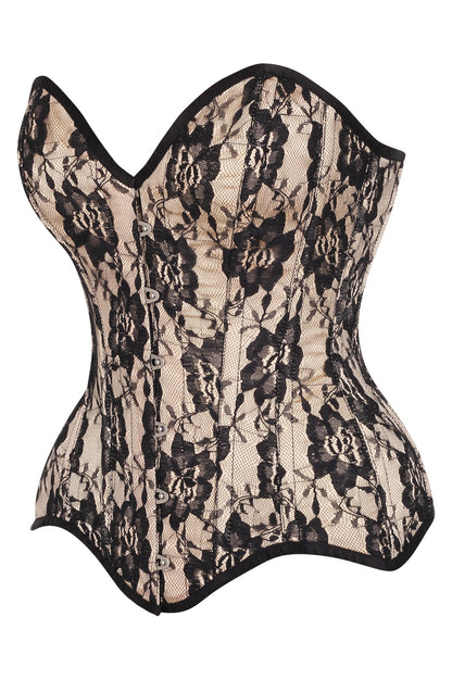 Daisy TD-230 Nude Satin w/Black Lace Overlay Steel Boned Overbust Corset