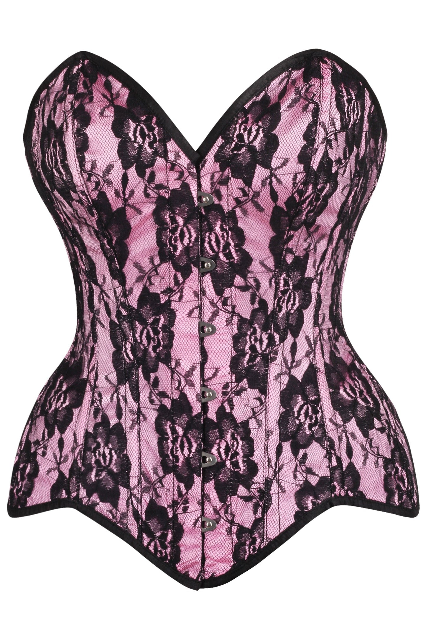 Daisy TD-235 Pink Satin w/Black Lace Overlay Steel Boned Overbust Corset