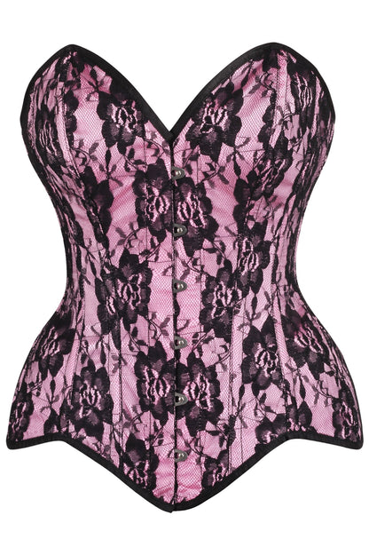 Daisy TD-235 Pink Satin w/Black Lace Overlay Steel Boned Overbust Corset