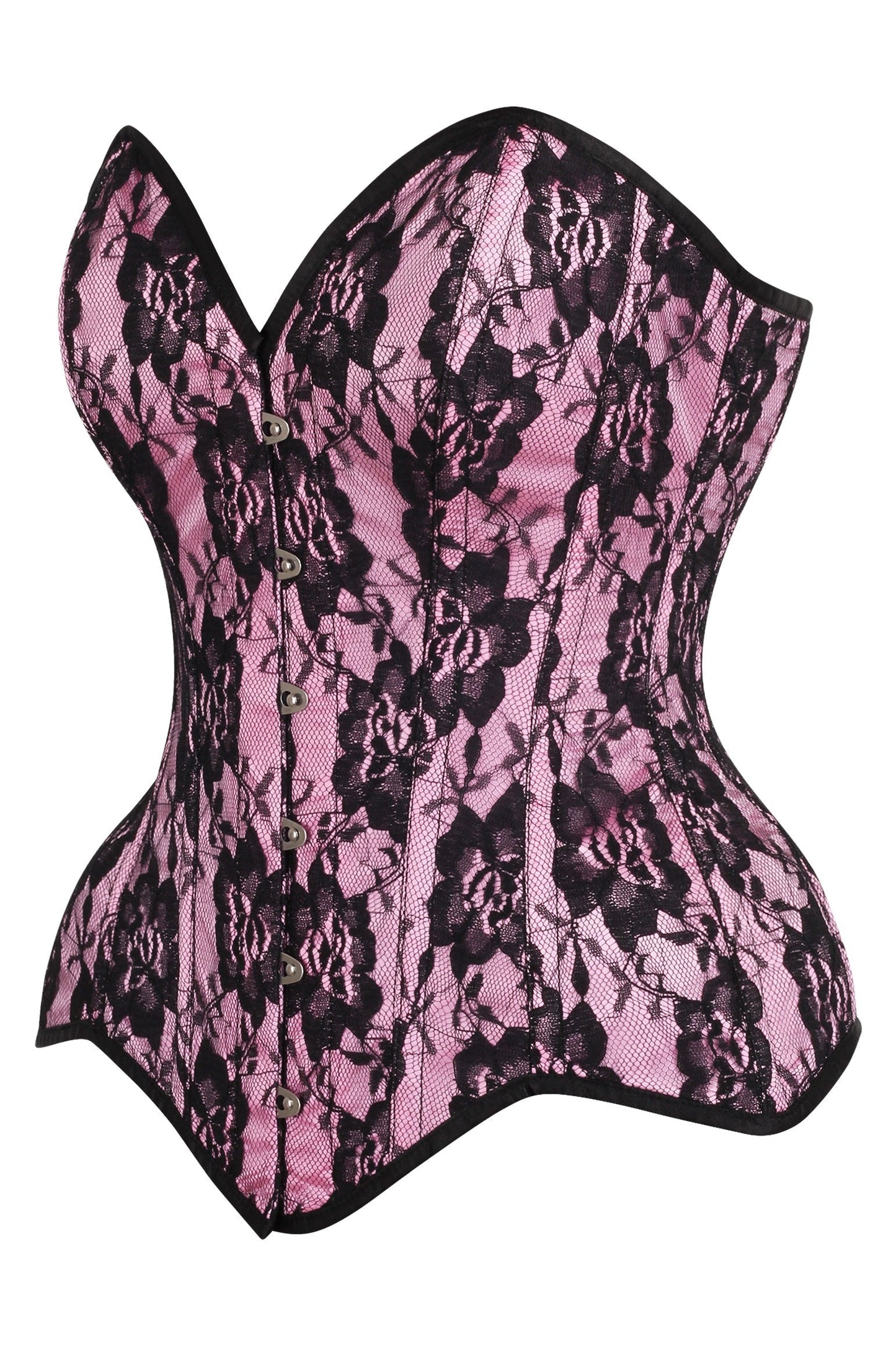 Daisy TD-235 Pink Satin w/Black Lace Overlay Steel Boned Overbust Corset