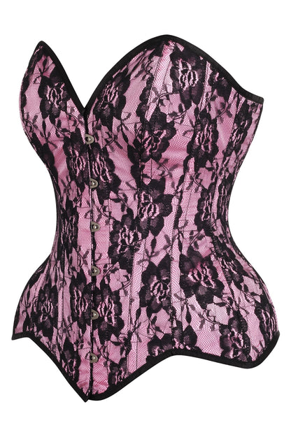 Daisy TD-235 Pink Satin w/Black Lace Overlay Steel Boned Overbust Corset