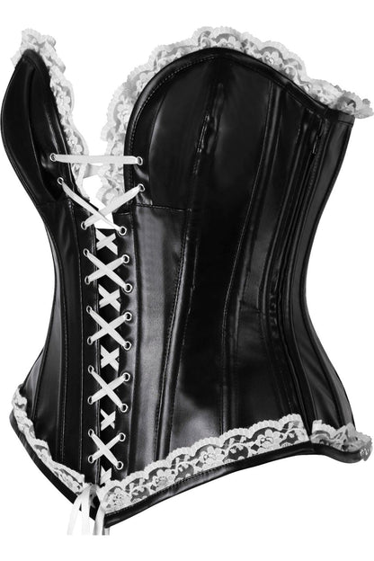 Daisy Black Faux Leather & White Lace Trim Steel Boned Corset