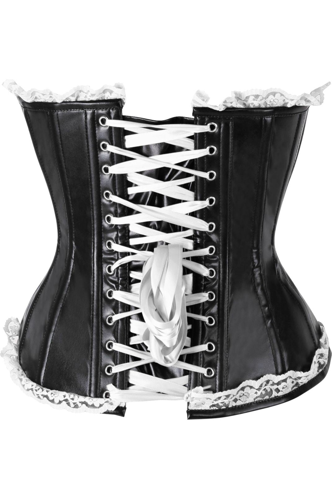 Daisy Black Faux Leather & White Lace Trim Steel Boned Corset
