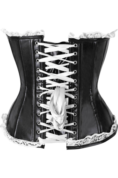 Daisy Black Faux Leather & White Lace Trim Steel Boned Corset