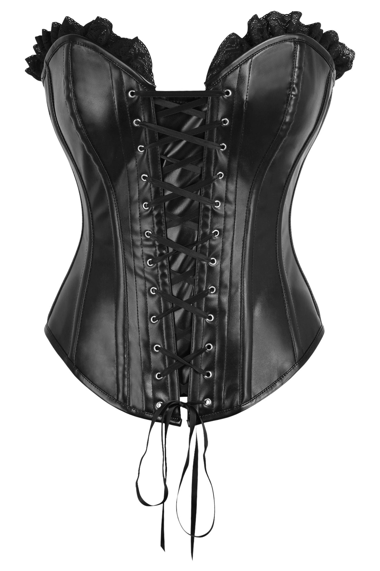 Daisy Black Faux Leather & Black Lace Trim Lace-Up Steel Boned Corset