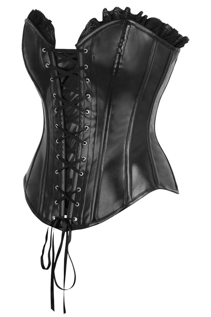 Daisy Black Faux Leather & Black Lace Trim Lace-Up Steel Boned Corset