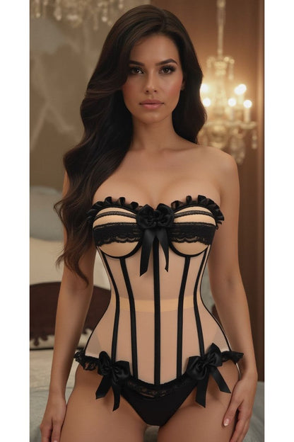 Daisy Corset Steel Boned Nude & Black Mesh Underwire Bustier Corset