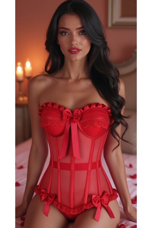 Daisy Corset Steel Boned Red Mesh Underwire Bustier Corset