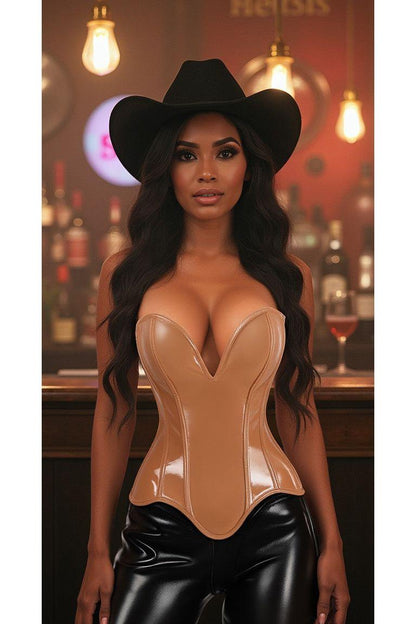 Daisy Corset Steel Boned Caramel Patent Plunge Neckline Overbust Corset