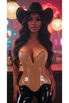 Daisy Corset Steel Boned Caramel Patent Plunge Neckline Overbust Corset